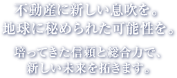 不動産に新しい息吹を。地球に秘められた可能性を。　培ってきた信頼と総合力で、新しい未来を拓きます。